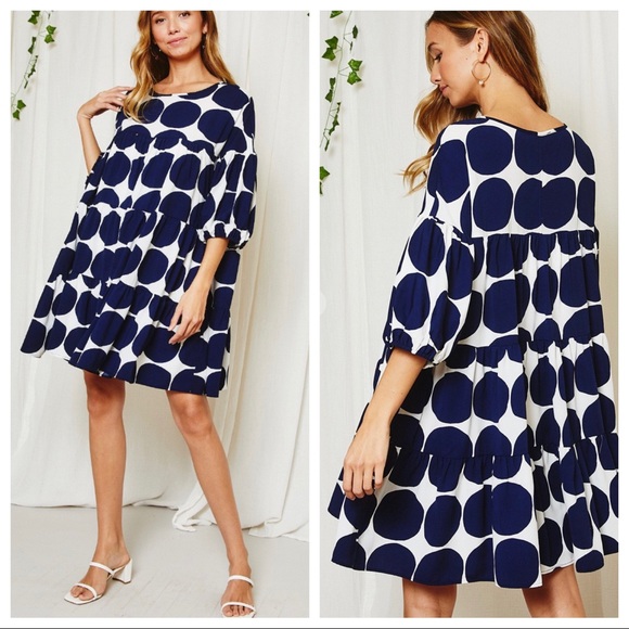 Martine Large Polka Dot Quater Sleeve Boho Swing Dress - Picture 2 of 4